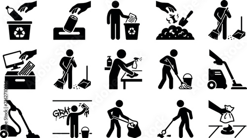 Cleaning Service and Waste Management Solid Pictogram Icon Set with Mopping Sweeping Vacuuming Recycling Graffiti Removal and Pet Waste Cleaning Vector