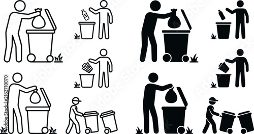 Garbage Disposal and Trash Sorting Stick Figure Icon Set with People Throwing Waste in Bins and Janitor Moving Wheeled Containers Vector