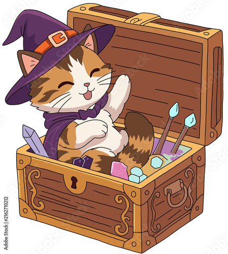 Adorable witch kitten playing inside an open wooden magic chest full of gems, Halloween character graphic design