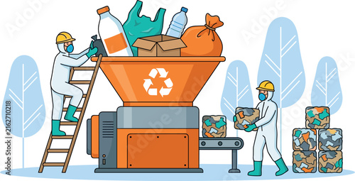 Industrial Garbage Recycling Factory Scene with Workers in Protective Suits Loading Waste Machine and Stacking Compressed Trash Bales Vector Illustration