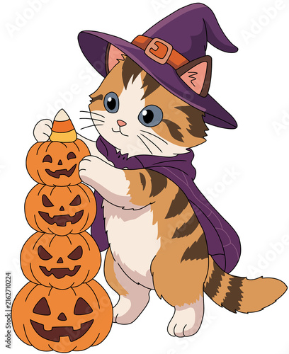 Adorable witch kitten standing beside stacked jack-o-lanterns with candy corn, Halloween character graphic design