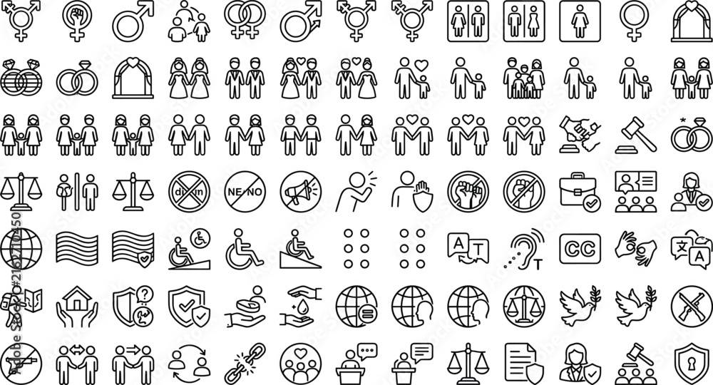 Obraz premium Human Rights and Equality Icon Set with Gender, Marriage, Disability, Justice, and Diversity Line Symbols for Social Designs