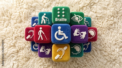 Inclusive Symbols of Accessibility: A colorful arrangement of blocks, each featuring an icon representing a different disability or accessibility feature like Braille, wheelchair access.