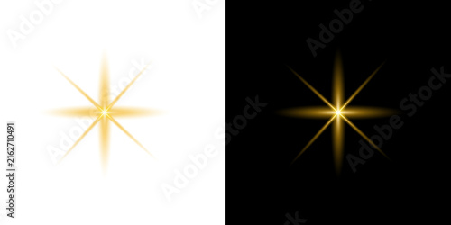 Golden glowing star burst element featuring soft radial rays and bright light effect isolated on both white and black backgrounds