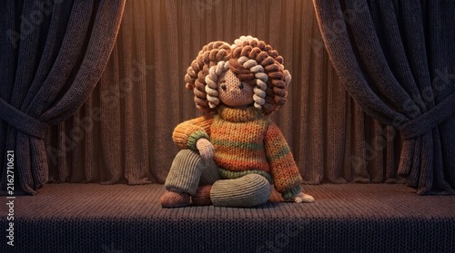 Doll on Stage: A charming doll with a fluffy hairstyle and a colorful sweater sits on a stage, bathed in warm light, with velvet curtains framing the scene.