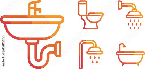 Bathroom Fixtures and Plumbing Icon Set with Sink Toilet Commode Shower Heads and Bathtub in Red Orange Gradient Line Style Vector
