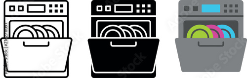 Dishwasher Machine Icon Set Featuring Open Door with Plates in Line Art Solid Silhouette and Flat Color Vector Variations