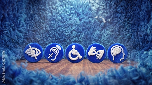 Symbols of Inclusion: A collection of universally recognized symbols representing visual impairment, hearing impairment, mobility impairment, and neurodiversity are displayed together.