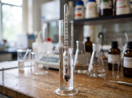 Glass hydrometer inside graduated cylinder measuring liquid density in chemistry laboratory