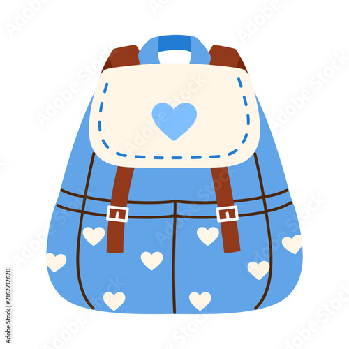 Cute denim school backpack. Stylish kids backpack with heart pattern. Back to school, education, preschool, and children's projects concept. Vector illustration in cartoon style