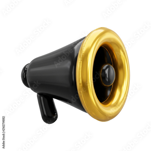 3D rendered megaphone with glossy black body and golden rim, broadcasting an announcement to attract attention for important news