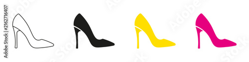 High heel icon set. Outline and colorful women shoe symbols representing fashion, footwear, elegant style, feminine accessories, luxury clothing, shopping, and modern fashion design.