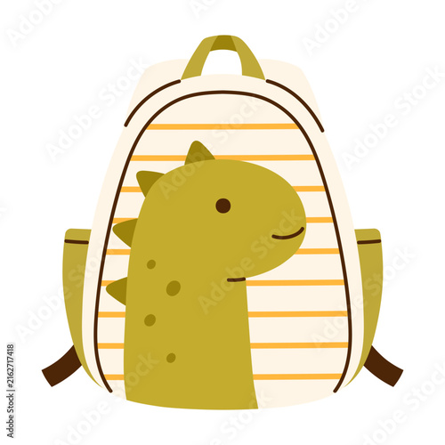 Cute dinosaur school backpack. Adorable kid bag. Back to school, education, kindergarten, preschool, stickers, and children projects concept. Vector illustration in cartoon style