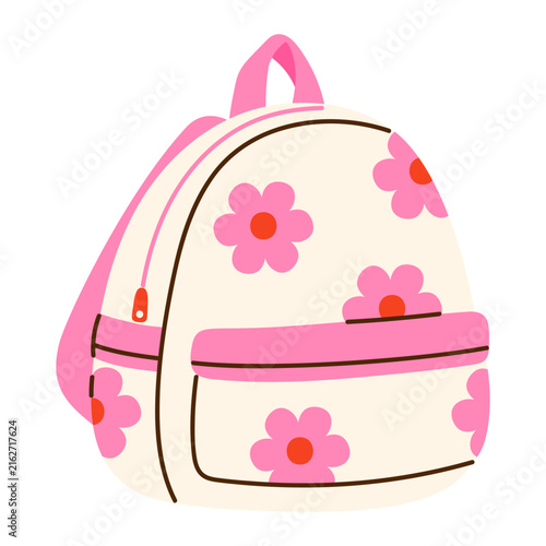 Cute floral school backpack . Colorful kids backpack with flower pattern. Perfect for back to school, education, kindergarten, preschool, and children's projects. Isolated vector illustration