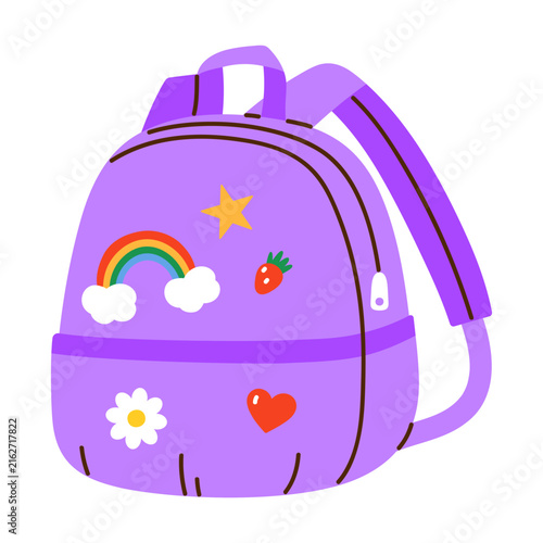 Cute purple school backpack with colorful decorative patches. Stylish kids bag. Back to school, education, preschool, and children's projects concept. Vector illustration in cartoon style
