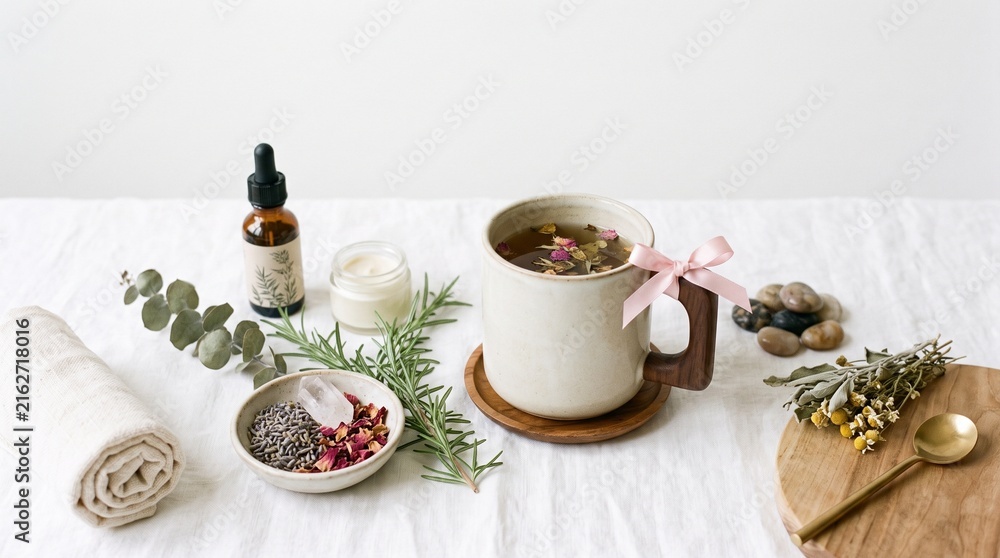 Fototapeta premium Herbal tea preparation with lavender rose petals essential oil and natural ingredients for wellness