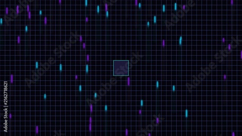 Futuristic digital grid background with falling glowing neon particles motion loop cinematic technology visual animation.