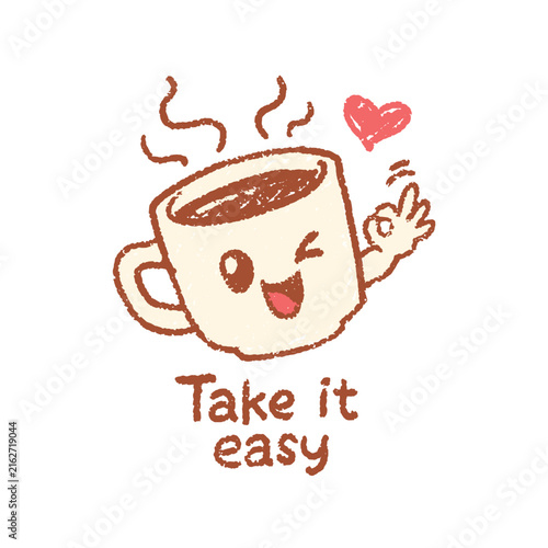 Foto Cute Coffee Cup Character with Take It Easy Positive Quote, Hand Drawn Vector Il