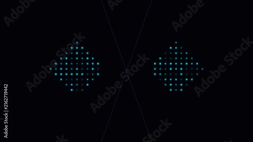 Abstract background featuring two glowing diamond shapes composed of floating digital particles moving on dark empty space.