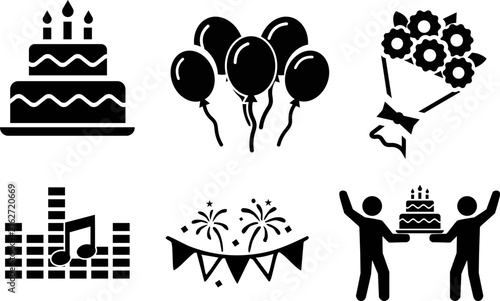 Birthday celebration icon set with cake and balloons. Party event symbols including fireworks and music. 6 black vector icons for greeting cards.