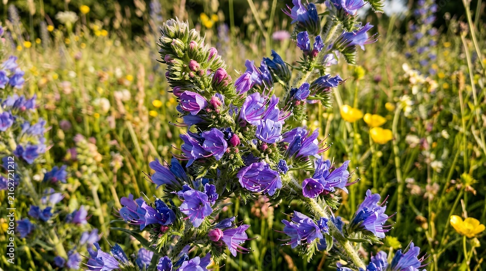 Fototapeta premium Dynamic close up of wild purple and blue echium blossoms opening outdoors in a sunlit natural meadow field setting flower blossom wild blooming purple blue meadow nature floral plant outdoor petal