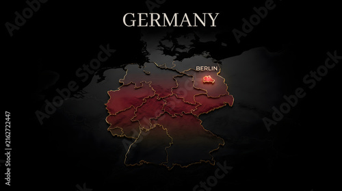 Abstract map of germany with glowing city lights and red country shape on a dark background