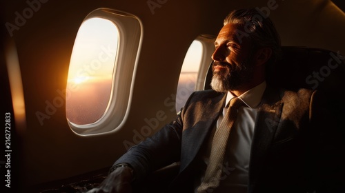 Bearded man in suit flies in private jet looking at sunset outside window. Professional enjoys luxury travelling in airplane cabin
