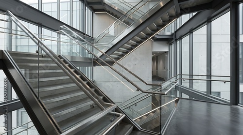 Architectural Interior Stairway Featuring Metallic Handrails Perspective Line Geometry Modern Building Structure View staircase stairs railing metal metallic geometry geometric depth architecture