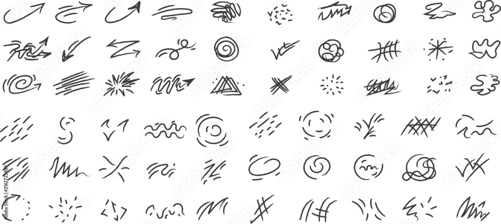 Fototapeta premium Mega collection of abstract hand drawn scribbles bundle with messy pencil doodle icons and geometric shapes