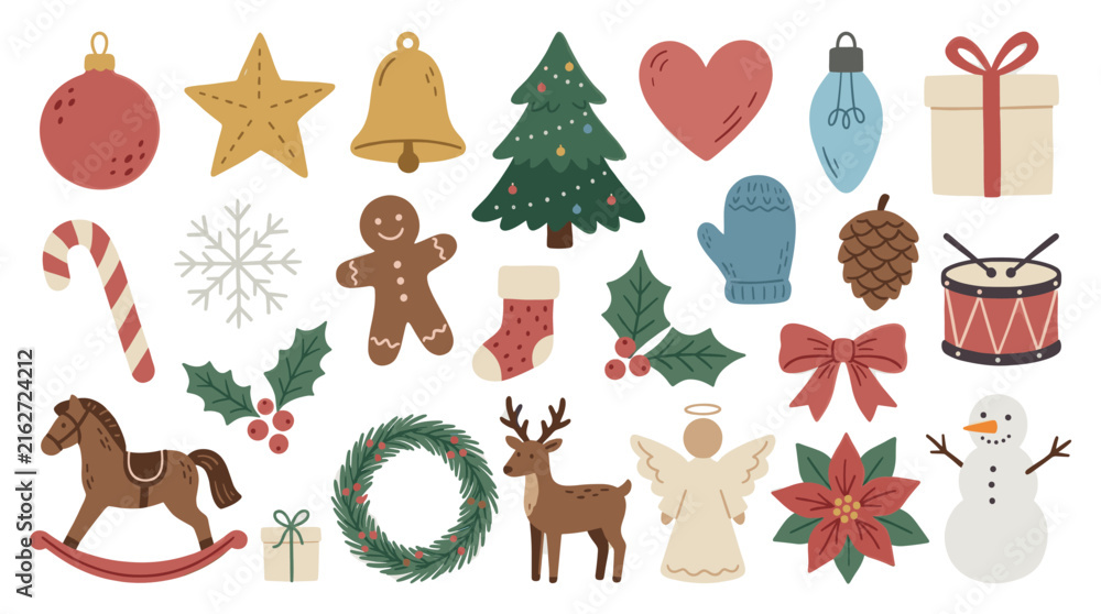 Fototapeta premium Delightful collection of various Christmas and winter-themed flat cartoon icons, including a snowman, reindeer, and gingerbread man, on a clean white background