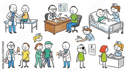 Colorful cartoon illustrations of healthcare and medical scenes.