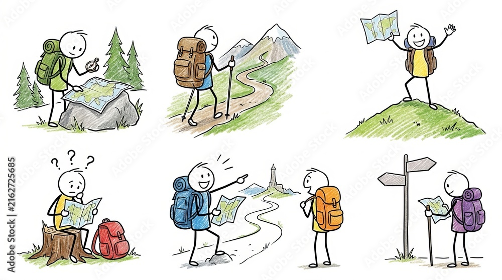 Obraz premium Hikers exploring nature with maps and backpacks.