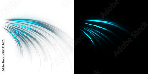 Transparent background with abstract glowing blue light streaks and motion blur trails. This dynamic fan effect is perfect for futuristic technology and modern digital designs.
