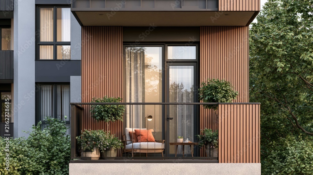 Fototapeta premium Modern balcony design featuring natural wood accents, plants, and cozy seating in an urban apartment setting