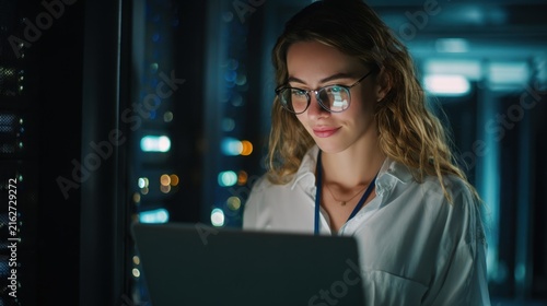 Smiling female IT engineer with glasses using laptop in server room while monitoring database and cybersecurity systems.