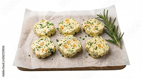 Six gourmet herb butter portions, artisanal compound butter with fresh parsley and garlic, savory flavor enhancer for cooking, isolated on white background.