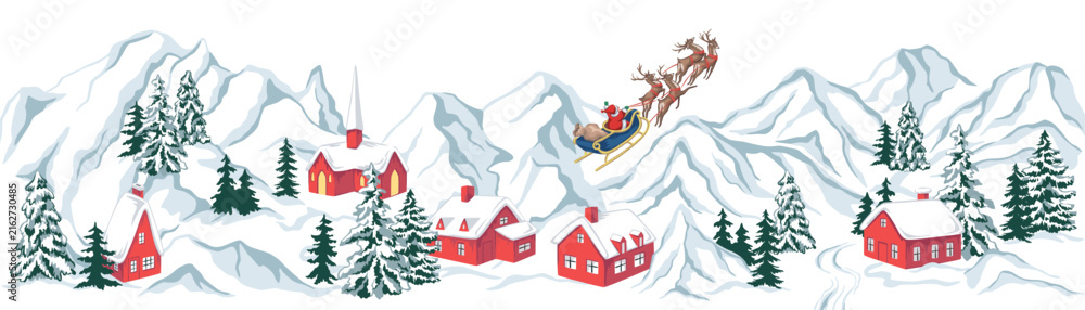 Fototapeta premium Christmas landscape, Santa Claus, fir tree, church, house, snow, sleigh, deer panorama. Winter village holiday banner.