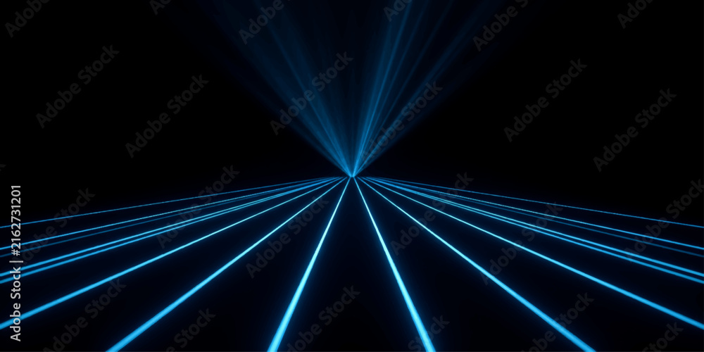 Fototapeta premium A symmetrical composition of sharp blue laser beams converge towards a central point, creating a futuristic and abstract digital art piece.