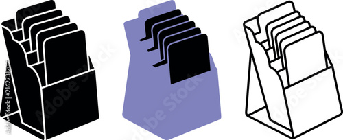 Brochure holder icons with cards in black purple and outline styles on white