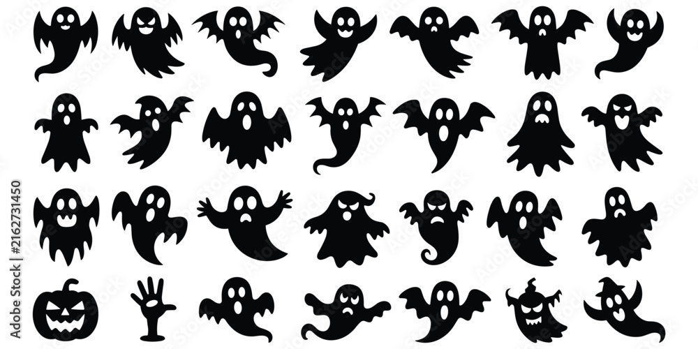 Obraz premium A large collection of various black silhouette ghost characters, flying bats, and a jack-o-lantern, isolated on a white background, halloween themed projects