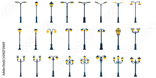 A large collection of various street lamp post including single and double arm styles, isolated on a white background, of urban lighting