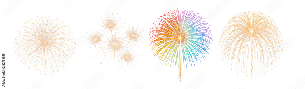 Fototapeta premium Golden and Rainbow Fireworks Collection | Colorful Celebration Firework PNG