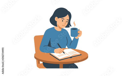 Woman Writing in Notebook with Coffee Vector Illustration