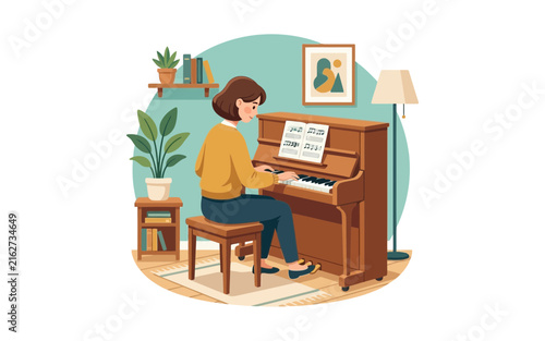 Woman Playing Piano Vector Illustration