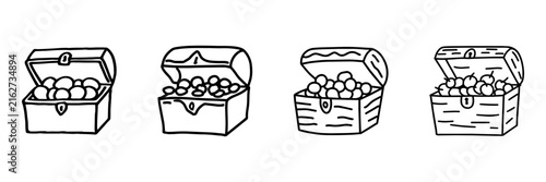 Treasure Chest And Open Box Hand Drawn Doodle Icon Set. Storage, Surprise, Loot And Discovery Sketch Symbol Collection. Game And Adventure. Isolated Vector Illustration