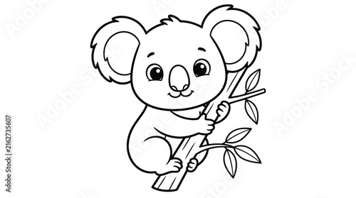 Canvas Print Cute cartoon koala bear sitting on a tree branch for children coloring page illu