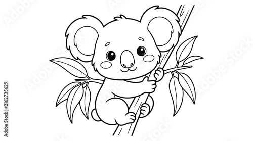 Canvas Print Cute cartoon koala bear sitting on a tree branch for children coloring book page