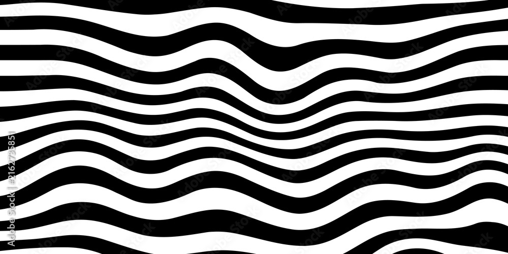 Black and white wavy stripes pattern. Abstract horizontal lines creating optical illusion and modern minimalist design. Seamless vector background for textile, wallpaper, or graphic design projects