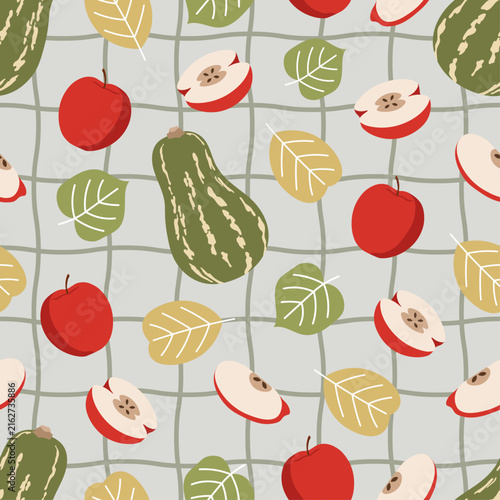 Autumn harvest seamless pattern with red apples, squash, and leaves on grid background