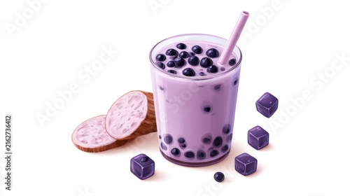 Taro Milk Bubble Tea with Tapioca Pearls,menu in cafe,Trendy,boba milk tea,banner for background,2026 food trends,space for text.